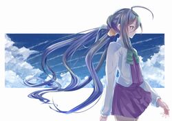  1girl ahoge blue_hair bow bowtie dress floating_hair from_side grey_eyes grey_hair grey_legwear hair_between_eyes hair_bun hair_ribbon halterneck ichi_machi kantai_collection kiyoshimo_(kantai_collection) long_hair long_sleeves low_twintails multicolored_hair pantyhose ribbon school_uniform shirt skirt smile solo twintails very_long_hair white_shirt 