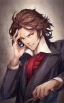  1boy baton brown_eyes brown_hair copyright_request formal hand_up looking_at_viewer male_focus official_art parted_lips red_neckwear solo suit tokumaru upper_body 