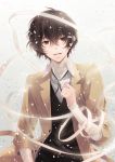  1boy bandage bandaged_arm bandaged_neck bangs black_hair brown_coat brown_eyes bungou_stray_dogs coat commentary_request dazai_osamu_(bungou_stray_dogs) flower gradient gradient_background grey_background hair_between_eyes hand_up holding holding_flower looking_at_viewer male_focus messy_hair petals pink_flower sleeves_folded_up smile solo upper_body uzuki_eri waistcoat wing_collar 