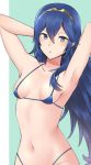  1girl armpits arms_up bikini blue_eyes blue_hair breasts fire_emblem fire_emblem:_kakusei hair_ornament intelligent_systems long_hair looking_at_viewer lucina mejiro navel nintendo open_mouth small_breasts solo swimsuit symbol_in_eye tiara two-tone_background 