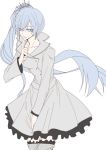  1girl alternate_costume blue_eyes commentary_request dress earrings finger_to_mouth frilled_legwear jewelry monokuro_(sekahate) rwby scar scar_across_eye solo weiss_schnee white_dress white_hair 