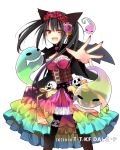  1girl ;d animal_ears asymmetrical_hair black_capelet black_hair black_legwear black_wings breasts capelet cat_ears cleavage clock_eyes corset cowboy_shot date_a_live dress fang floating_hair flower ghost hair_flower hair_ornament halloween halloween_costume head_wreath heterochromia hibiki_mio jewelry long_hair medium_breasts multicolored multicolored_clothes multicolored_dress nail_polish one_eye_closed open_mouth pantyhose red_eyes red_flower red_nails ribbon-trimmed_sleeves ribbon_trim ring simple_background smile solo standing symbol-shaped_pupils tokisaki_kurumi transparent white_background wings yellow_eyes 