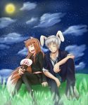  1boy 1girl animal_ears black_legwear black_serafuku blue_jacket blue_pants boots brown_hair closed_eyes clouds collarbone commentary_request craft_lawrence fake_animal_ears fan full_moon hair_ornament hairclip highres holding holding_fan holo jacket moon necktie night night_sky pants pantyhose paper_fan rabbit_ears red_neckwear school_uniform serafuku silver_hair sitting sky smile spice_and_wolf star_(sky) sylphya tail wolf_ears wolf_tail 