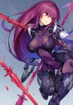  1girl 2d absurdres adapted_costume armor bangs blush bodysuit boots breasts covered_navel eyebrows_visible_through_hair fate/grand_order fate_(series) gae_bolg gauntlets highres holding huge_filesize lance large_breasts long_hair looking_to_the_side metal_boots parted_lips polearm purple_bodysuit purple_hair red_eyes scan scathach_(fate/grand_order) simple_background solo standing thigh_gap very_long_hair weapon 
