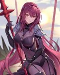  1girl absurdres bangs bodysuit breasts covered_navel eyebrows_visible_through_hair fate/grand_order fate_(series) gae_bolg hair_between_eyes highres hips large_breasts long_hair looking_at_viewer pauldrons polearm purple_bodysuit purple_hair red_eyes scathach_(fate/grand_order) smile solo spear sunlight teffish waist weapon 