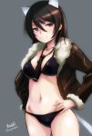  1girl adolfine_galland animal_ears artist_name between_breasts bikini black_bikini black_hair blue_eyes breasts brown_jacket cat_ears cat_tail cowboy_shot fur-trimmed_jacket fur_trim grey_background hands_on_hips haruhata_mutsuki jacket long_hair looking_at_viewer medium_breasts simple_background smile solo strike_witches swimsuit tail twitter_username world_witches_series 