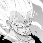  1boy black_shirt close-up commentary dirty dirty_face dragon_ball dragonball_z face frown greyscale highres looking_away majin_vegeta male_focus monochrome shirt short_hair simple_background smile spiky_hair tkgsize upper_body vegeta 
