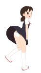  1girl :o ass bangs black_dress brown_eyes brown_hair collared_shirt doraemon dress dress_lift eyebrows_visible_through_hair highres kneehighs kokudou_juunigou long_hair looking_at_viewer looking_back low_twintails minamoto_shizuka neck_ribbon open_mouth panties pinafore_dress pink_ribbon ribbon shirt shoes short_sleeves solo standing standing_on_one_leg twintails underwear uwabaki white_background white_footwear white_legwear white_panties white_shirt wind wind_lift 