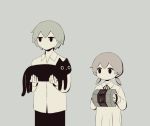  1boy 1girl accordion avogado6 cat commentary expressionless greyscale holding holding_cat instrument jitome long_sleeves low_twintails monochrome original short_hair standing tagme twintails 