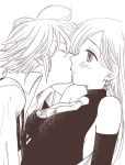  1boy 1girl antenna_hair blush breasts closed_eyes couple elbow_gloves elizabeth_liones gloves harumiya jewelry kiss long_hair medium_breasts meliodas monochrome nanatsu_no_taizai necktie shirt single_earring 