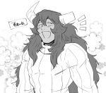  1boy broken_horn dark_skin dark_skinned_male demon_horns fang floral_background greyscale horns long_hair male_focus maou_(mitosansan) mitosansan monochrome original ribbed_sweater smile solo sweater translation_request upper_body 