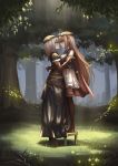  2girls arisa_(shadowverse) belt blonde_hair blush boots breasts brown_eyes brown_footwear brown_hair cape closed_mouth commentary dress elbow_gloves fingerless_gloves forest from_side gloves hand_on_another&#039;s_back head_wreath high_heels highres long_hair looking_at_another losaria_(shadowverse) medium_breasts multiple_girls nature open_mouth outdoors pointy_ears shadowverse skirt smile standing stool sunlight thigh-highs thigh_boots tree very_long_hair white_skirt yuri yurichtofen 