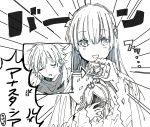  1boy 1girl :d anastasia_(fate/grand_order) anger_vein bangs blush cellphone cloak closed_eyes crown directional_arrow dress emphasis_lines eyebrows_visible_through_hair fate/grand_order fate_(series) hair_between_eyes hair_ribbon hairband hand_up holding holding_cellphone holding_phone kadoc_zemlupus looking_at_viewer mini_crown monochrome open_mouth parted_lips phone ribbon shirt sleeping smartphone smile sofra solo_focus translation_request 