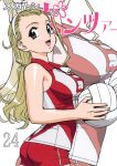  1girl ball black_eyes blonde_hair girls_und_panzer hairband holding holding_ball long_hair looking_at_viewer number open_mouth pants sasaki_akebi single_bang sleeveless solo sonoda_ken&#039;ichi sportswear striped vertical-striped_pants vertical_stripes volleyball volleyball_uniform zoom_layer 