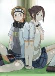  2girls ariu_aki blush brown_eyes brown_footwear brown_hair clothes_writing couple earphones frown hair_bun hand_holding headband headphones koba_youka miya_(miyabi_24) multiple_girls okujou_no_yurirei-san shade shared_earphones shoes short_sleeves sitting skirt smile tree watch watch yuri 