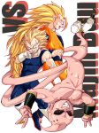  3boys back-to-back blonde_hair boots character_name d: dougi dragon_ball dragonball_z frown full_body gloves long_hair looking_at_viewer looking_down majin_buu male_focus multiple_boys nervous open_mouth pants red_eyes senka-san sharp_teeth short_hair simple_background smile son_gokuu spiky_hair super_saiyan super_saiyan_3 sweardrop teeth upside-down v vegeta very_long_hair vs white_background white_pants wristband 