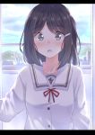  1girl :o black_hair blue_sky blush commentary_request eyebrows_visible_through_hair grey_eyes hairband letterboxed long_sleeves looking_at_viewer neck_ribbon original parted_lips red_neckwear red_ribbon ribbon sailor_collar school_uniform serafuku sky solo upper_body white_sailor_collar wide-eyed window yuki_arare 