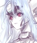  1girl 3: android blue_hair closed_mouth eyebrows eyebrows_visible_through_hair eyelashes forehead_protector frown kos-mos kos-mos_ver._4 long_hair looking_away negresco portrait red_eyes simple_background solo upper_body white_background xenosaga 