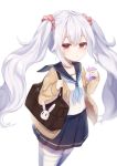  1girl :o azur_lane bag bangs black_sailor_collar black_skirt blue_neckwear blurry blurry_background cardigan commentary_request depth_of_field drinking_straw eyebrows_visible_through_hair fingerless_gloves gloves hair_between_eyes hair_ornament hair_scrunchie highres holding juice_box koko_ne_(user_fpm6842) laffey_(azur_lane) long_hair long_sleeves looking_at_viewer neckerchief nl open_cardigan open_clothes parted_lips pink_scrunchie pleated_skirt red_eyes sailor_collar school_bag school_uniform scrunchie serafuku shirt sidelocks silver_hair simple_background skirt sleeves_past_wrists solo thigh-highs twintails very_long_hair white_background white_legwear white_shirt 