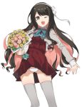  1girl 2l_(2lsize) ;d ass_visible_through_thighs black_hair bouquet brown_eyes fang flower grey_legwear hairband highres holding holding_bouquet kantai_collection long_hair long_sleeves looking_at_viewer multicolored_hair naganami_(kantai_collection) one_eye_closed open_mouth panties pantyshot pantyshot_(standing) pink_hair remodel_(kantai_collection) school_uniform simple_background smile solo standing thigh-highs two-tone_hair underwear wavy_hair white_background white_hairband white_panties 