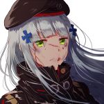  1girl bangs beret blood blunt_bangs crying crying_with_eyes_open damaged deep_wound floating_hair green_eyes hair_ornament hat hk416_(girls_frontline) injury jacket long_hair looking_at_viewer parted_lips sidelocks silence_girl silver_hair simple_background solo tears white_background wind 