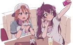 2girls backwards_hat brown_eyes brown_hair cellphone comet_oo commentary_request drink drinking_straw eating food food_on_face hair_through_headwear hamburger hat holding holding_cellphone holding_food holding_phone idolmaster idolmaster_cinderella_girls matoba_risa multiple_girls open_mouth orange_hair peaked_cap phone self_shot short_sleeves smartphone smile table twintails w wristband yellow_eyes yuuki_haru