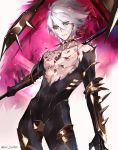  1boy collar fate/apocrypha fate/grand_order fate_(series) green_eyes hair_between_eyes holding holding_weapon karna_(fate) looking_at_viewer male_focus pvc_parfait solo spiked_collar spikes standing twitter_username weapon white_hair 