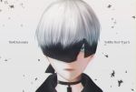  1boy black_choker black_jacket blindfold blue_eyes character_name choker commentary_request highres jacket looking_at_viewer nier_(series) nier_automata short_hair silver_hair solo sua075 torn_blindfold yorha_no._9_type_s 