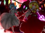  2girls aizettonagi bat_wings blonde_hair blue_hair bracelet dress fang flandre_scarlet floating glowing glowing_eyes jewelry looking_at_viewer looking_down moon multiple_girls night night_sky outstretched_arm pale_skin reaching_out red_eyes red_moon remilia_scarlet short_hair sky smile touhou white_dress wings 