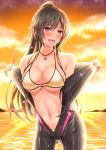  1girl :d absurdres bangs bikini bikini_top black_hair blush breasts clouds dog_tags eyebrows_visible_through_hair hair_between_eyes highres idolmaster idolmaster_shiny_colors large_breasts long_hair open_mouth ponytail shirase_sakuya shirouzu_myuuta sideboob smile solo sparkle sunset swimsuit under_boob water wet wetsuit yellow_bikini yellow_bikini_top yellow_eyes 