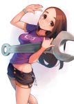  1girl ataruman bracelet breasts closed_mouth forehead hands_up highres jewelry long_hair looking_at_viewer medium_breasts oversized_object short_shorts shorts smile solo standing tareme thick_eyebrows twitch.tv vohiyo volary_(twitch.tv) wrench 
