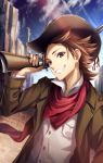  1boy bandanna blue_sky breast_pocket brown_eyes brown_hair brown_hat brown_jacket copyright_request day grin gun hat holding holding_gun holding_weapon jacket male_focus official_art outdoors pocket sky smile standing tokumaru upper_body weapon 