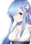  1girl bangs blue_eyes blue_hair blush breasts cleavage collarbone commentary_request eyebrows_visible_through_hair hair_ornament hair_over_one_eye japanese_clothes kimono long_hair looking_at_viewer medium_breasts re:zero_kara_hajimeru_isekai_seikatsu rem_(re:zero) shiny shiny_skin sidelocks simple_background solo upper_body white_background x_hair_ornament yasuyuki 