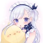  &gt;_&lt; 1girl :o artist_request azur_lane belfast_(azur_lane) blue_eyes blush braid commentary french_braid long_hair looking_at_viewer maid_headdress solo stuffed_chicken white_hair younger 