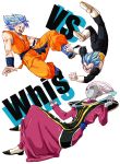  3boys :o armor blue_eyes blue_hair boots character_name d: dougi dragon_ball dragon_ball_super dragonball_z egyptian_clothes full_body gloves highres looking_at_another looking_up male_focus multiple_boys nervous open_mouth senka-san short_hair simple_background smile son_gokuu spiky_hair super_saiyan_blue sweatdrop upside-down vegeta vs whis white_background white_hair wristband 