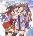  2girls ;d black_legwear blurry bokeh breasts bridal_gauntlets brown_eyes brown_hair character_request commentary_request contrapposto cover_image cowboy_shot day depth_of_field detached_sleeves dress elbow_gloves fingerless_gloves gloves hair_ribbon highres large_breasts lens_flare light_particles long_hair looking_at_viewer multiple_girls official_art one_eye_closed open_mouth outdoors petals ponytail ribbon short_dress side_ponytail sky small_breasts smile standing suterareta_yuusha_wa_maou_to_narite_shi_ni_modoru teffish thigh-highs white_gloves 