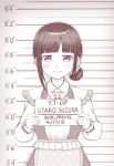  1girl apron bangs bow character_name commentary_request dated goriate greyscale hair_bun height_chart maid monochrome mugshot nijisanji polka_dot polka_dot_bow puffy_sleeves sidelocks sign smile solo suzuka_utako virtual_youtuber waist_apron 