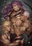  3boys abs artist_name battle_tendency blonde_hair circlet ear_piercing earrings esidisi fabulous facial_tattoo goriraneesan hoop_earrings jewelry jojo_no_kimyou_na_bouken kars_(jojo) lip_piercing lips loincloth long_hair looking_at_viewer male_focus multiple_boys muscle nail_polish pearl_earrings piercing purple_hair sparkle tattoo twitter_username wamuu watermark web_address white_hair 