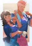  2girls animal_print bandaid bandaid_on_face bear_print blue_shirt brown_hair brushing_teeth coffee_mug collarbone cup highres hood hoodie kanataria mei_(overwatch) mug multiple_girls open_clothes open_hoodie overwatch pajamas pink_hair scar shirt toned toothbrush towel towel_around_neck wristband zarya_(overwatch) 