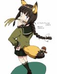  2018 2girls animal_ears any_(lucky_denver_mint) bangs black_hair black_legwear blue_eyes blunt_bangs braid brown_footwear brown_hair chibi dated eyebrows_visible_through_hair fake_animal_ears fake_tail food_in_mouth fox_ears fox_tail from_above green_serafuku green_skirt hair_braid hair_ribbon hand_on_hip heart heart-shaped_pupils highres hime_cut kantai_collection kitakami_(kantai_collection) kneehighs loafers long_hair looking_at_viewer multiple_girls ooi_(kantai_collection) open_mouth pleated_skirt ribbon rice school_uniform serafuku shoes sidelocks simple_background single_braid skirt symbol-shaped_pupils tail twitter_username whisker_markings white_background white_ribbon 