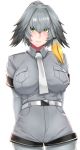  1girl absurdres arms_behind_back bangs belt black_hair bodystocking breast_pocket breasts bright_background closed_mouth collared_shirt grey_hair grey_shirt grey_shorts hair_ornament hairclip highres impossible_clothes impossible_shirt kemono_friends large_breasts long_hair looking_at_viewer low_ponytail multicolored_hair necktie orange_hair pantyhose pocket shiny shiny_hair shirt shirt_tucked_in shoebill_(kemono_friends) shorts side_ponytail solo standing upper_body white_neckwear wing_collar yashichii yellow_eyes 
