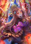  1girl asanogawa_(tutufcc) bangs bow brown_hair brown_kimono chacha_(fate/grand_order) closed_mouth commentary_request fate/grand_order fate_(series) floating_hair floral_print full_moon fur_collar hair_ornament headdress highres japanese_clothes kimono lantern long_hair long_sleeves looking_at_viewer moon night night_sky paper_lantern parted_bangs print_bow print_kimono purple_bow red_eyes sky smile solo star_(sky) starry_sky tower very_long_hair wide_sleeves 