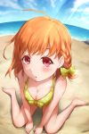  10s 1girl bangs beach bikini blush braid breasts breath cleavage clouds cloudy_sky hair_between_eyes hair_ribbon highres ichiban_no_yagi looking_at_viewer love_live! love_live!_sunshine!! medium_breasts ocean one-piece_swimsuit orange_hair outdoors polka_dot polka_dot_bikini polka_dot_ribbon polka_dot_swimsuit red_eyes ribbon sand shadow short_hair sitting sky sunlight swimsuit takami_chika water 