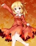  1girl :d aki_shizuha arm_above_head autumn_leaves barefoot blonde_hair breasts eyebrows_visible_through_hair feet_out_of_frame gradient gradient_background hair_between_eyes highres leaf leaf_background long_sleeves looking_at_viewer maple_leaf open_mouth orange_background red_shirt red_skirt ruu_(tksymkw) shirt short_hair skirt skirt_hold skirt_set small_breasts smile solo standing standing_on_one_leg touhou yellow_eyes 