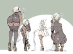  4girls ass bent_over boots braid clothes_removed footwear_removed from_behind hairband kneeling leotard limited_palette multiple_girls musical_note nier_(series) nier_automata operator_21o operator_6o shinya_komi short_hair silver_hair spoken_musical_note thigh-highs thigh_boots translation_request twin_braids undressing yorha_infantry_squad_commander 
