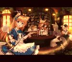  5girls :3 :d ;d animal_ears animal_print apron blonde_hair blue_dress boots bottle brown_eyes brown_hair cat_ears cat_print clock commentary_request cup dress expressionless fake_animal_ears fox_ears fox_girl fox_tail frilled_dress frills glass glasses globe green_eyes hair_ornament hair_over_one_eye hat hat_ribbon highres indoors jar lantern light_particles long_hair long_sleeves maid_headdress misaki_yuu multiple_girls one_eye_closed open_mouth original parted_lips pendulum_clock pitcher plant plate potted_plant puffy_short_sleeves puffy_sleeves purple_dress radio red_dress ribbon short_hair short_sleeves silver_hair sitting smile star tail teacup teapot twilight waitress white_hair window yellow_eyes 
