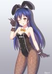  1girl 94_(644534209) animal_ears bangs bare_shoulders black_gloves black_legwear blue_hair blush bow bowtie breasts bunnysuit cleavage commentary_request covered_navel cowboy_shot detached_collar eyebrows_visible_through_hair fake_animal_ears fishnet_pantyhose fishnets gloves hair_between_eyes highres long_hair looking_at_viewer love_live! love_live!_school_idol_project one_eye_closed pantyhose rabbit_ears simple_background solo sonoda_umi strapless wrist_cuffs yellow_eyes 