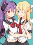  2girls ;) amatsuka_poi asymmetrical_docking bangs black_choker black_sailor_collar black_skirt black_wings blonde_hair blue_background blue_eyes blush breast_press breasts character_request chikanoko choker closed_mouth commentary_request curled_horns demon_girl demon_horns demon_tail demon_wings eyebrows_visible_through_hair hair_between_eyes head_wings heart high_ponytail highres horns long_hair medium_breasts midriff multiple_girls navel one_eye_closed original pleated_skirt ponytail purple_hair ragho_no_erika red_eyes red_neckwear sailor_collar school_uniform serafuku shirt sidelocks simple_background skirt smile tail very_long_hair white_shirt white_wings wings yuri 