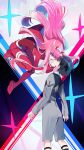  1boy 1girl black_hair bodysuit commentary_request couple darling_in_the_franxx gloves green_eyes hair_ornament hairband hand_on_another&#039;s_chin highres hiro_(darling_in_the_franxx) horns long_hair looking_at_another mg_nemuio military military_uniform necktie oni_horns pilot_suit pink_hair red_bodysuit red_gloves red_horns red_neckwear short_hair uniform white_hairband zero_two_(darling_in_the_franxx) 