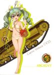  1girl :d absurdres anchovy bangs barefoot bikini breasts carro_veloce_cv-33 character_name collarbone drill_hair eyebrows_visible_through_hair girls_und_panzer green_hair groin ground_vehicle hair_between_eyes hair_ribbon highres holding holding_weapon long_hair looking_at_viewer military military_vehicle mole mole_under_mouth motor_vehicle navel one_leg_raised open_mouth polka_dot polka_dot_bikini red_eyes ribbon side-tie_bikini simple_background small_breasts smile solo standing standing_on_one_leg swimsuit tank twin_drills twintails weapon white_background white_bikini white_ribbon 